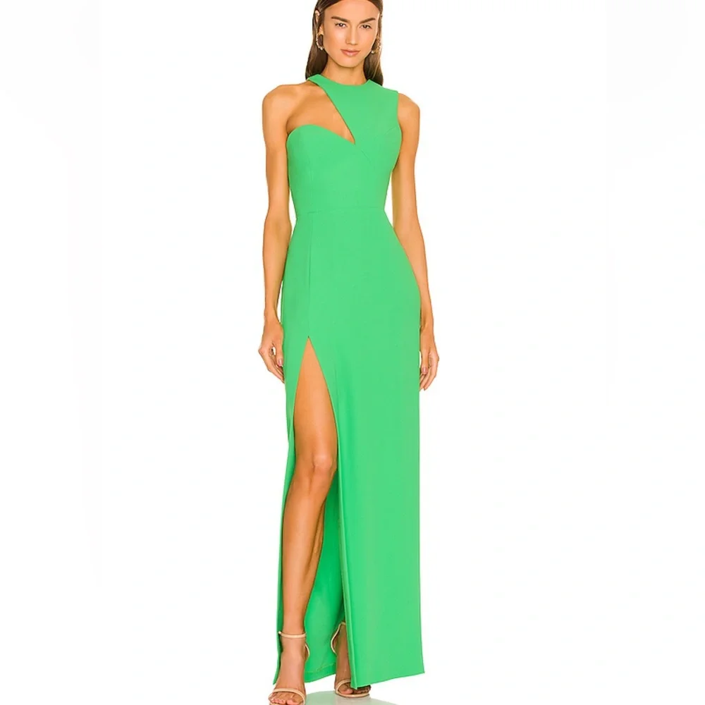 Amanda Uprichard | Revolve Gilda One-Shoulder Green Evening Gown with Thigh Slit - Picture 1 of 10